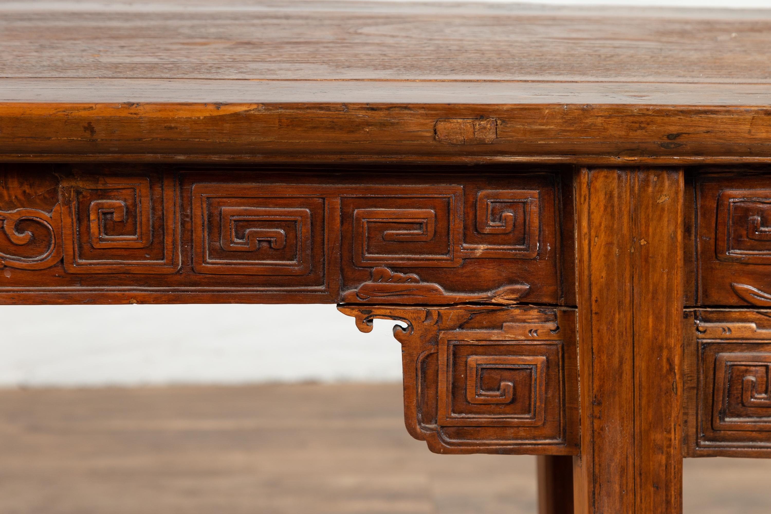 Hand-Carved Chinese Antique Tall Altar Console Table with Meander Motifs and Carved Sides