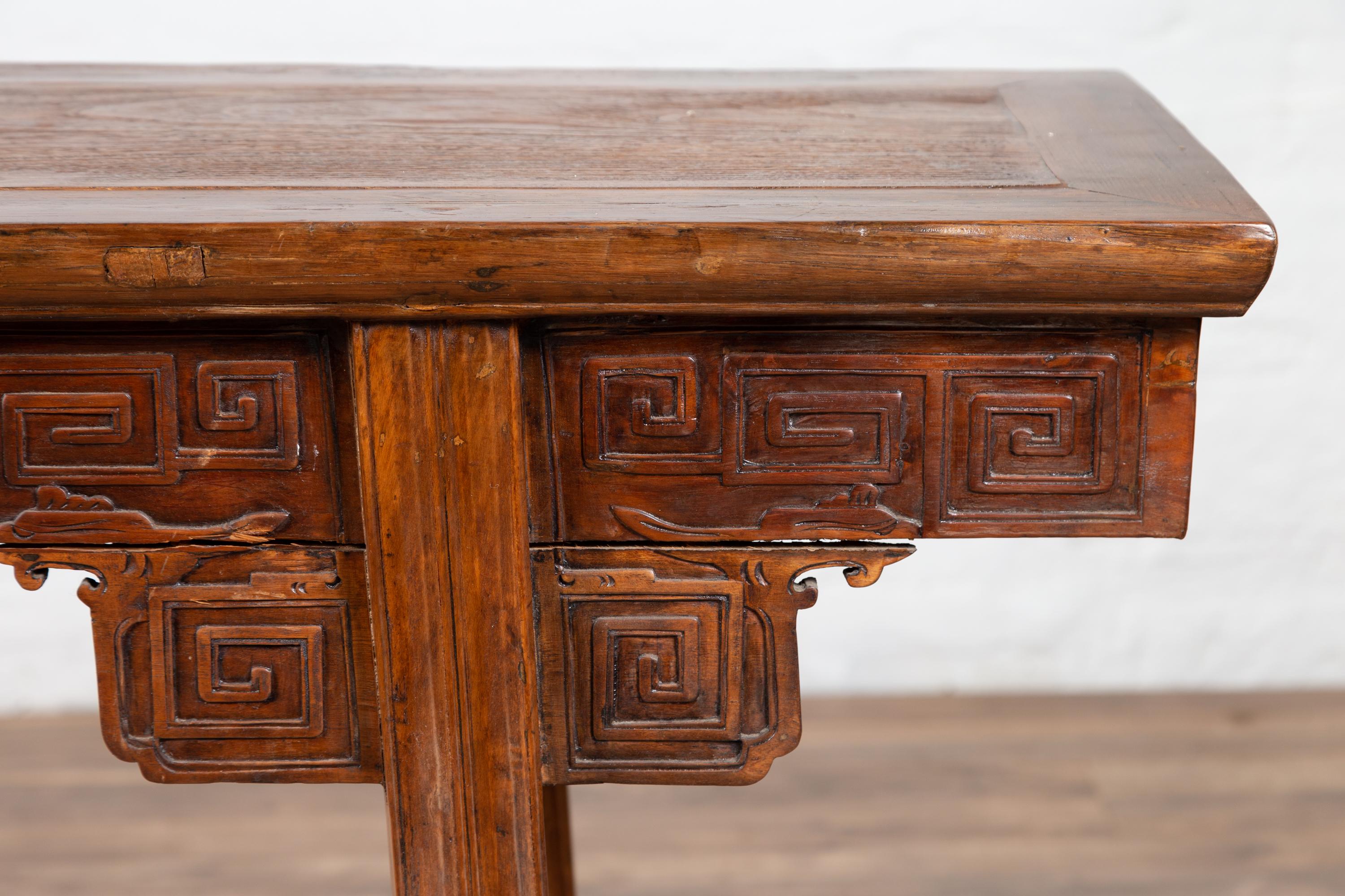 Chinese Antique Tall Altar Console Table with Meander Motifs and Carved Sides In Good Condition In Yonkers, NY