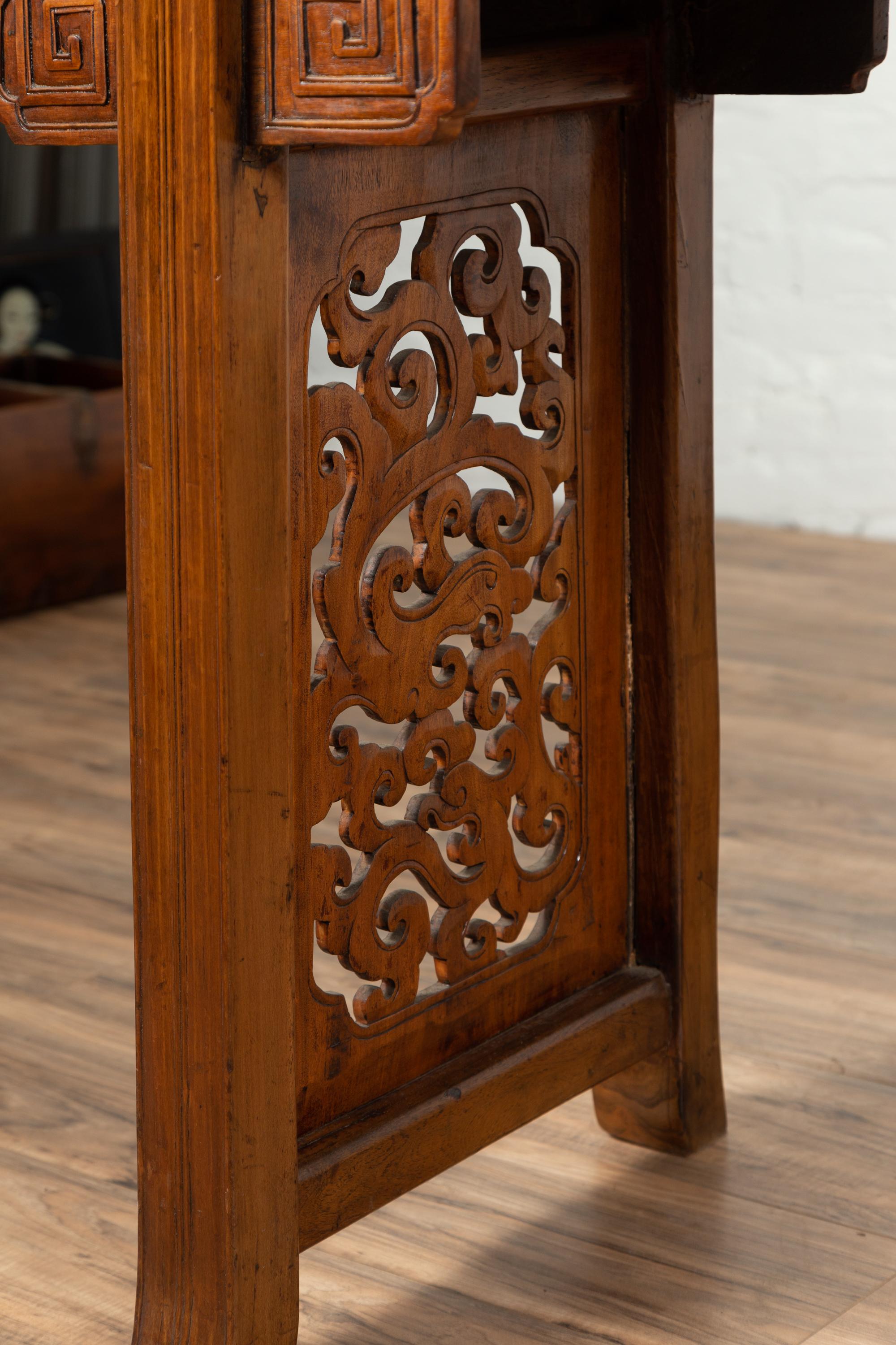20th Century Chinese Antique Tall Altar Console Table with Meander Motifs and Carved Sides