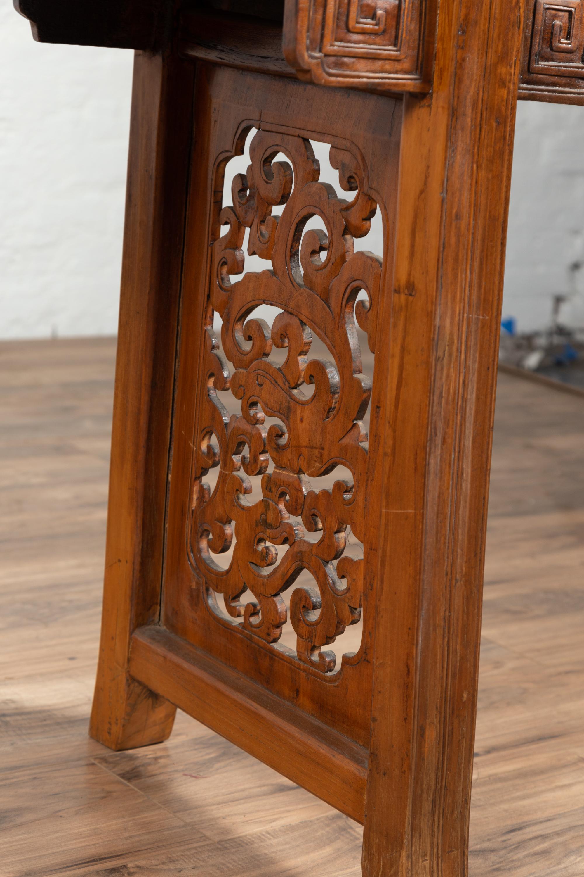 Wood Chinese Antique Tall Altar Console Table with Meander Motifs and Carved Sides