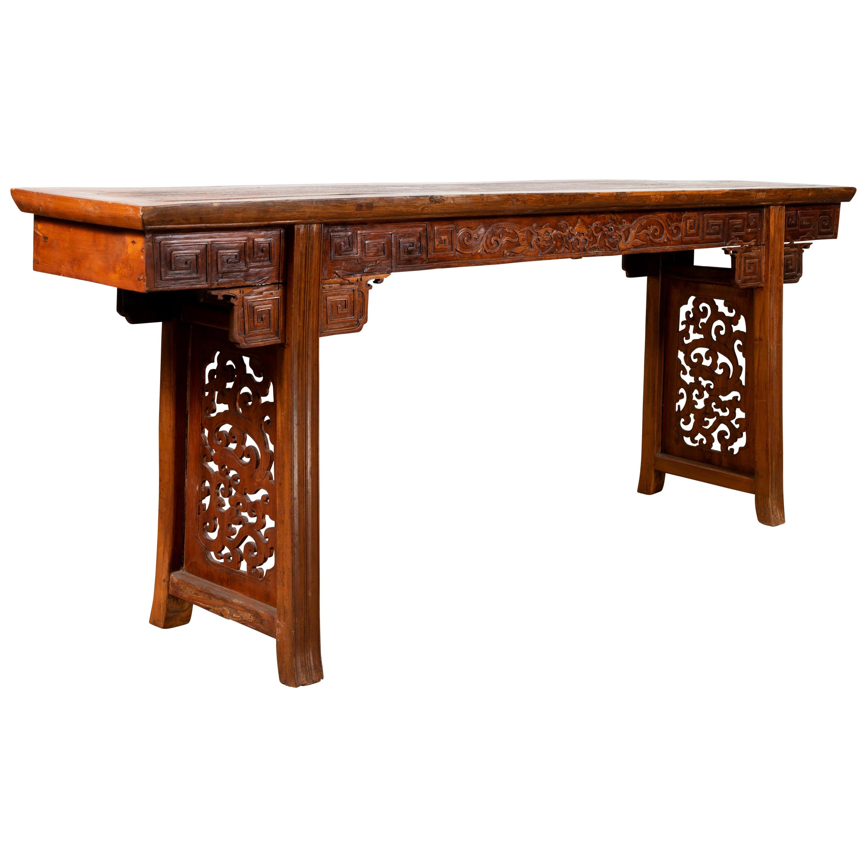 Chinese Antique Tall Altar Console Table with Meander Motifs and Carved Sides