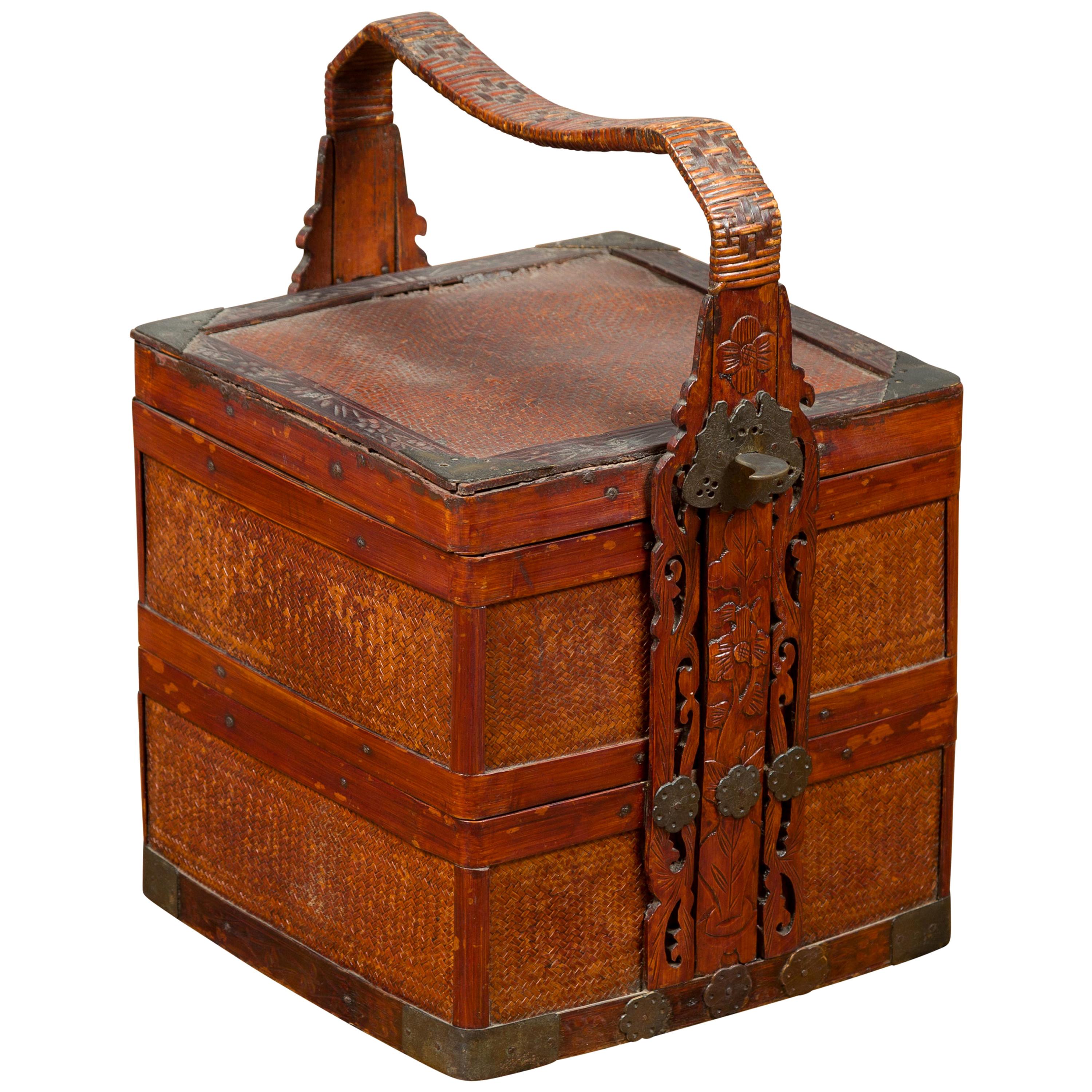 Panier Déjeuner Vintage En Rotin Tressé Chinois - 4 Tiroirs - Décoration Asiatique