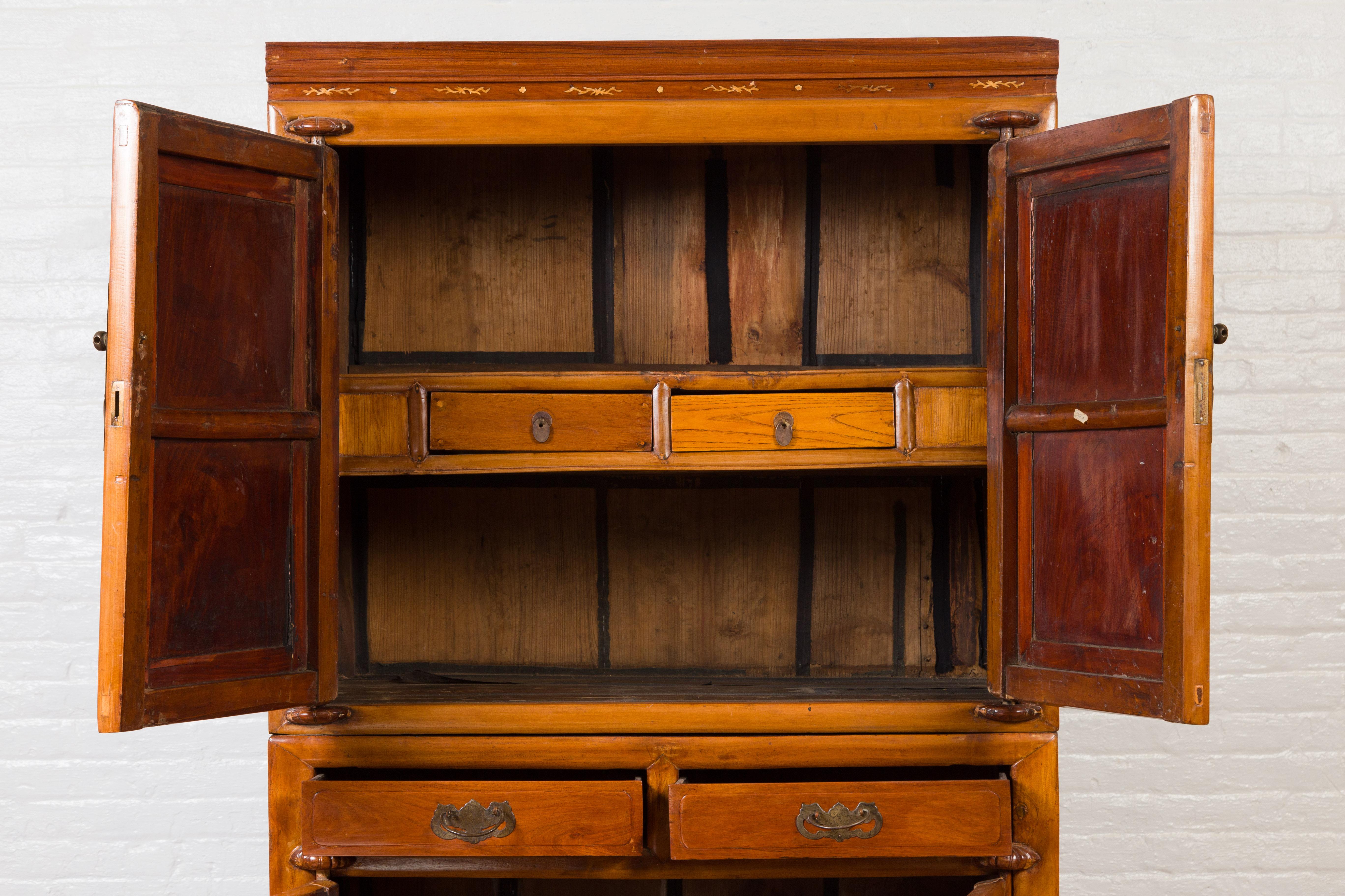 20th Century Chinese Antique Two-Toned Stacking Storage Cabinet with Doors and Drawers For Sale