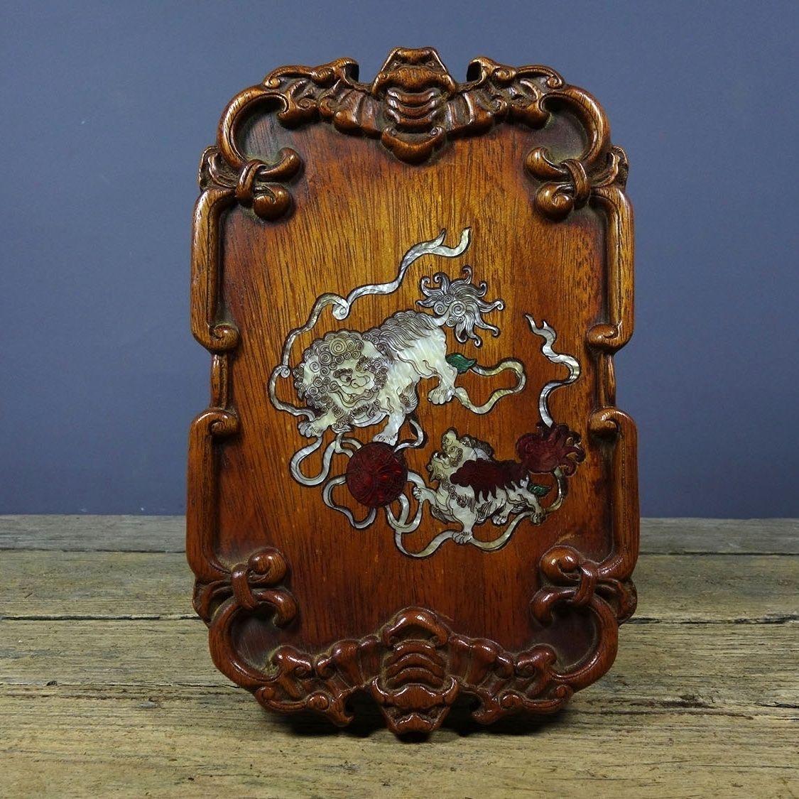 Chinese Antique Wood Carving Square Plate with White Lions 

This is a very old wooden square plate.
It was made in China 
The material is rosewood.

This wooden square plate is the original plate.
Although it has served its purpose, it remains here
