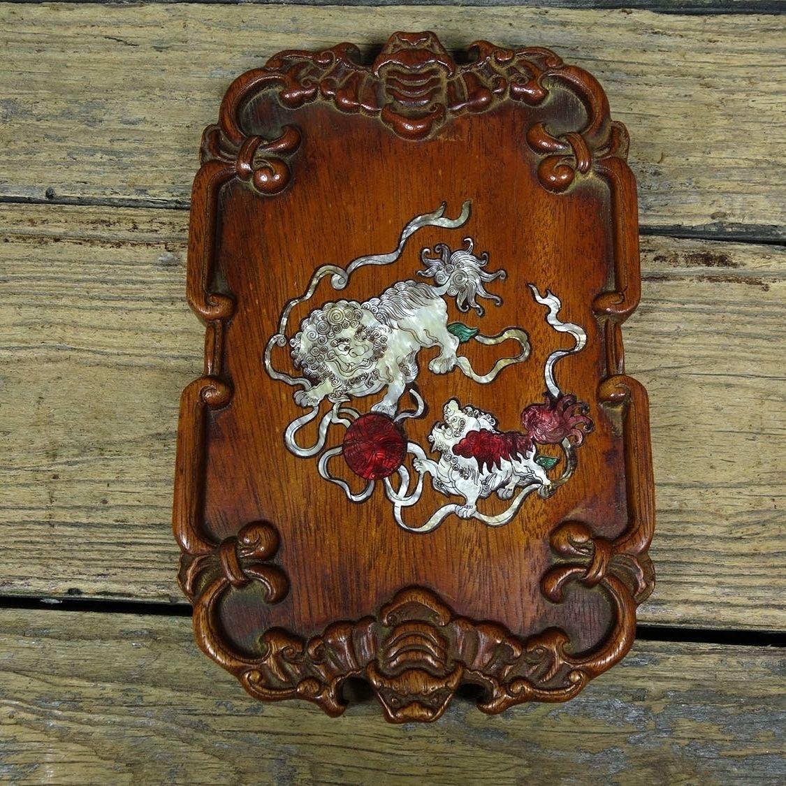 Chinese Vintage Wood Carving Square Plate with White Lions  For Sale 4