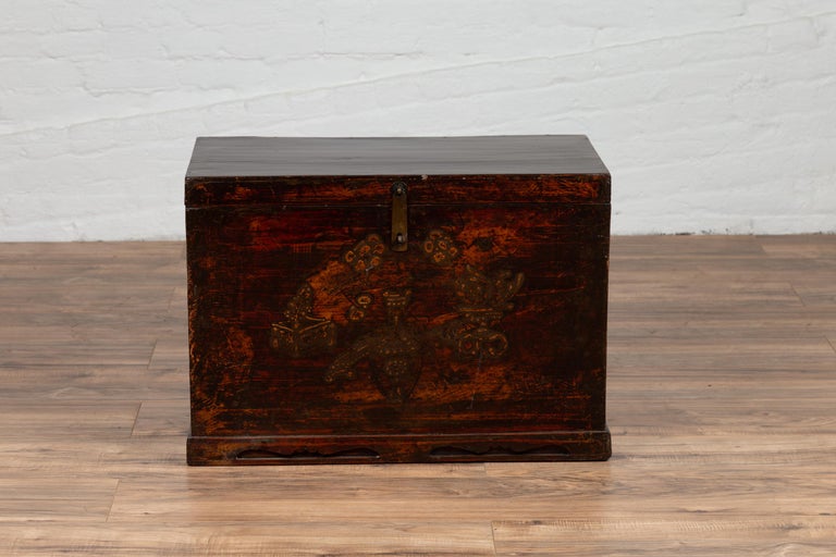 Chinese Antique Wooden Blanket Chest with Raised Decor and Polychrome