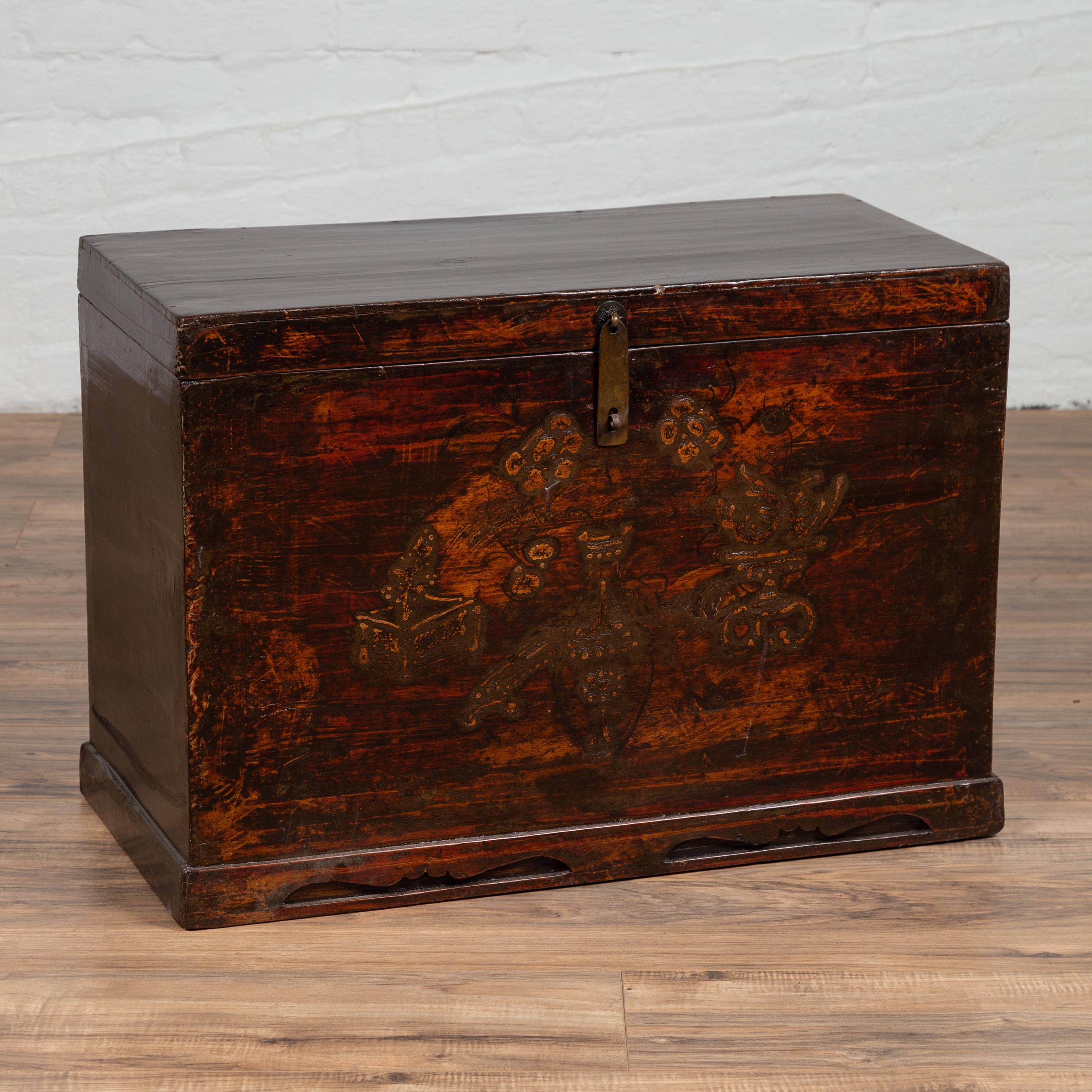 Chinese Antique Wooden Blanket Chest with Raised Decor and Polychrome Patina In Good Condition In Yonkers, NY