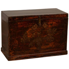 Chinese Antique Wooden Blanket Chest with Raised Decor and Polychrome Patina