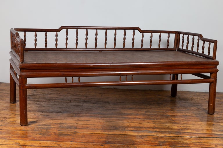 Chinese Antique Wooden Daybed with Woven Rattan Seat and Spindle