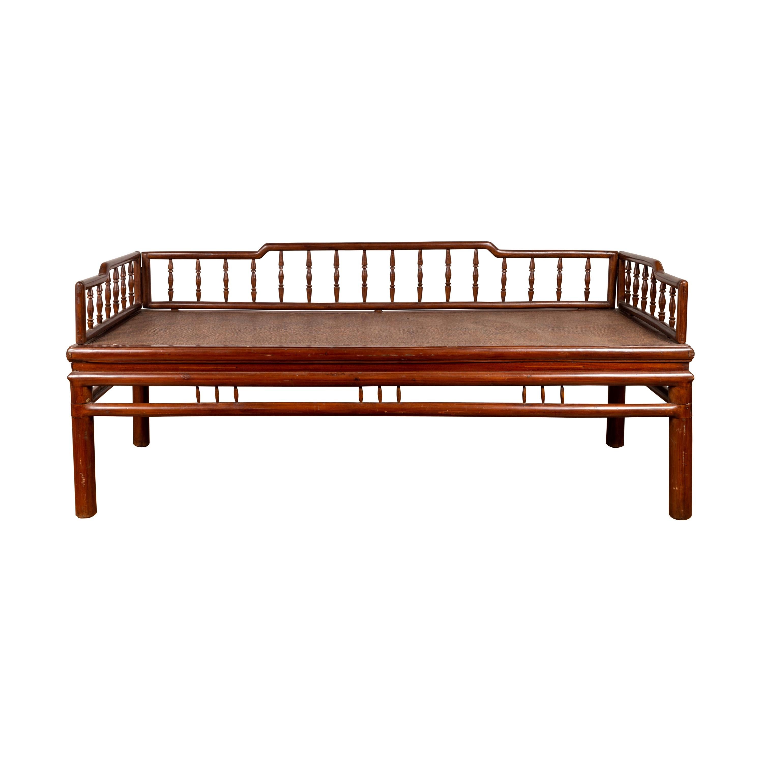 Chinese Antique Wooden Daybed with Woven Rattan Seat and Spindle Accents