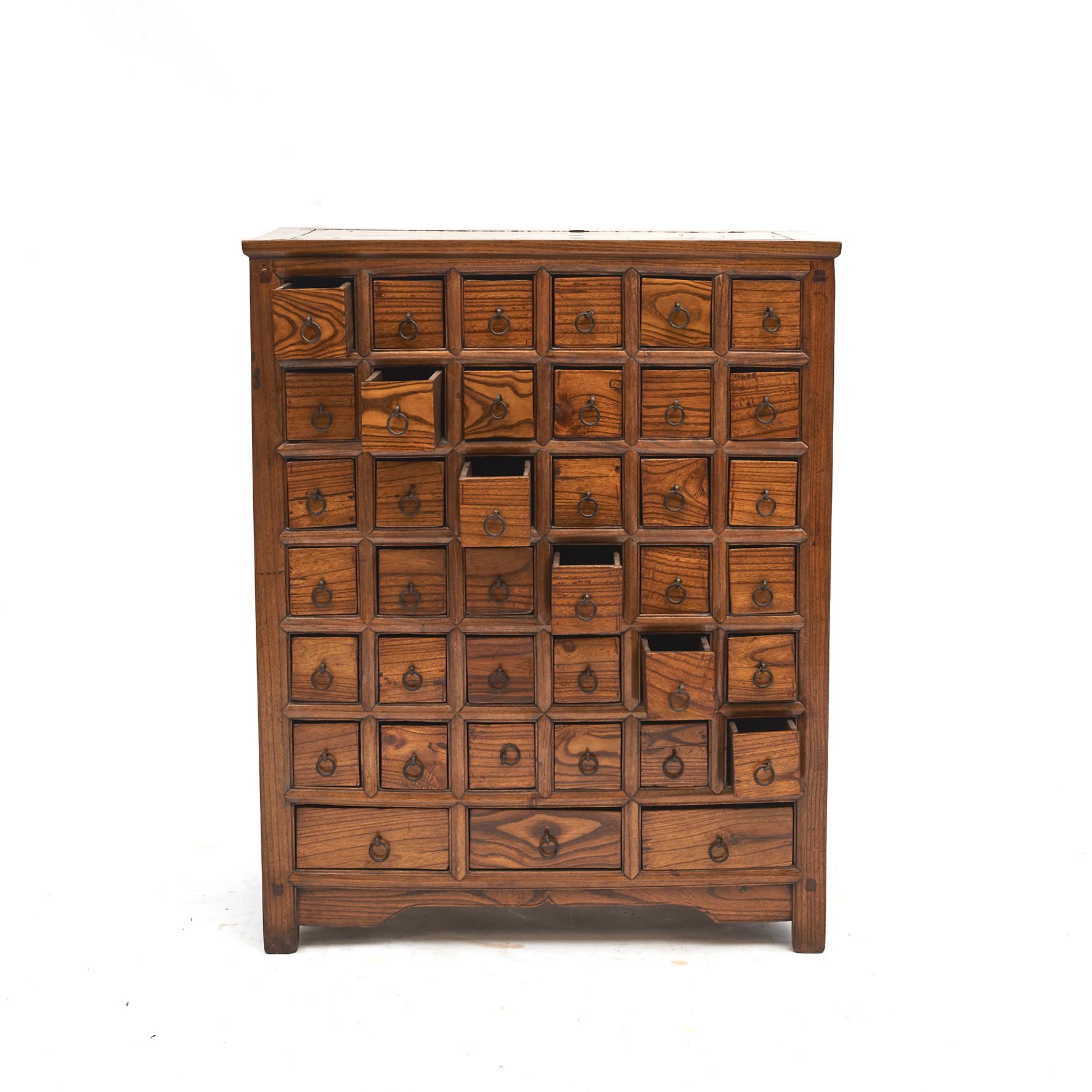 Chinese elm apothecary / pharmacy medicine chest with 39 drawers.
From Suzhou, China, 1860-1880.