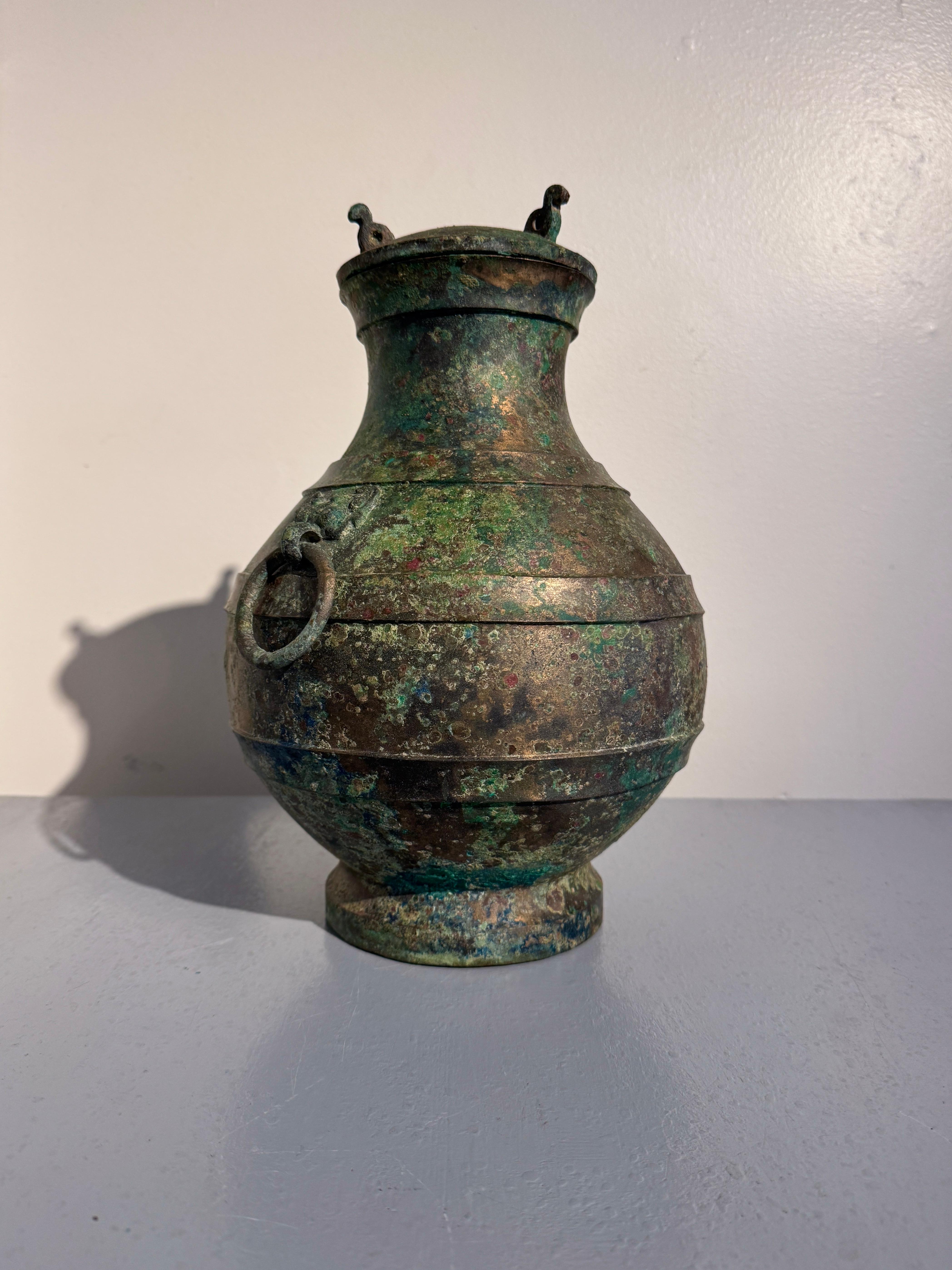 Cast Chinese Archaic Bronze Hu and Cover, Han Dynasty (206 BC - 220 AD), China For Sale