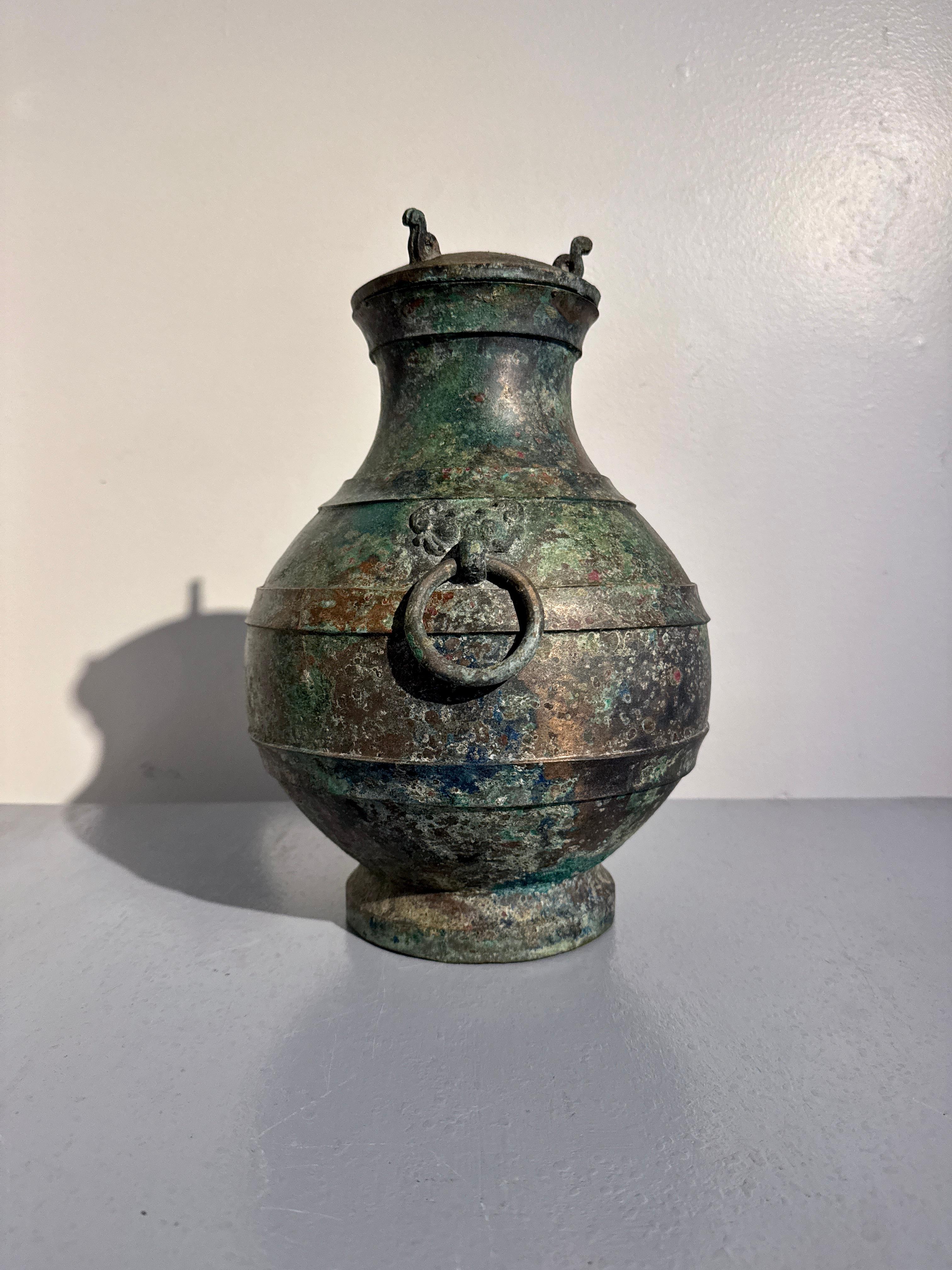 Chinese Archaic Bronze Hu and Cover, Han Dynasty (206 BC - 220 AD), China In Good Condition For Sale In Austin, TX