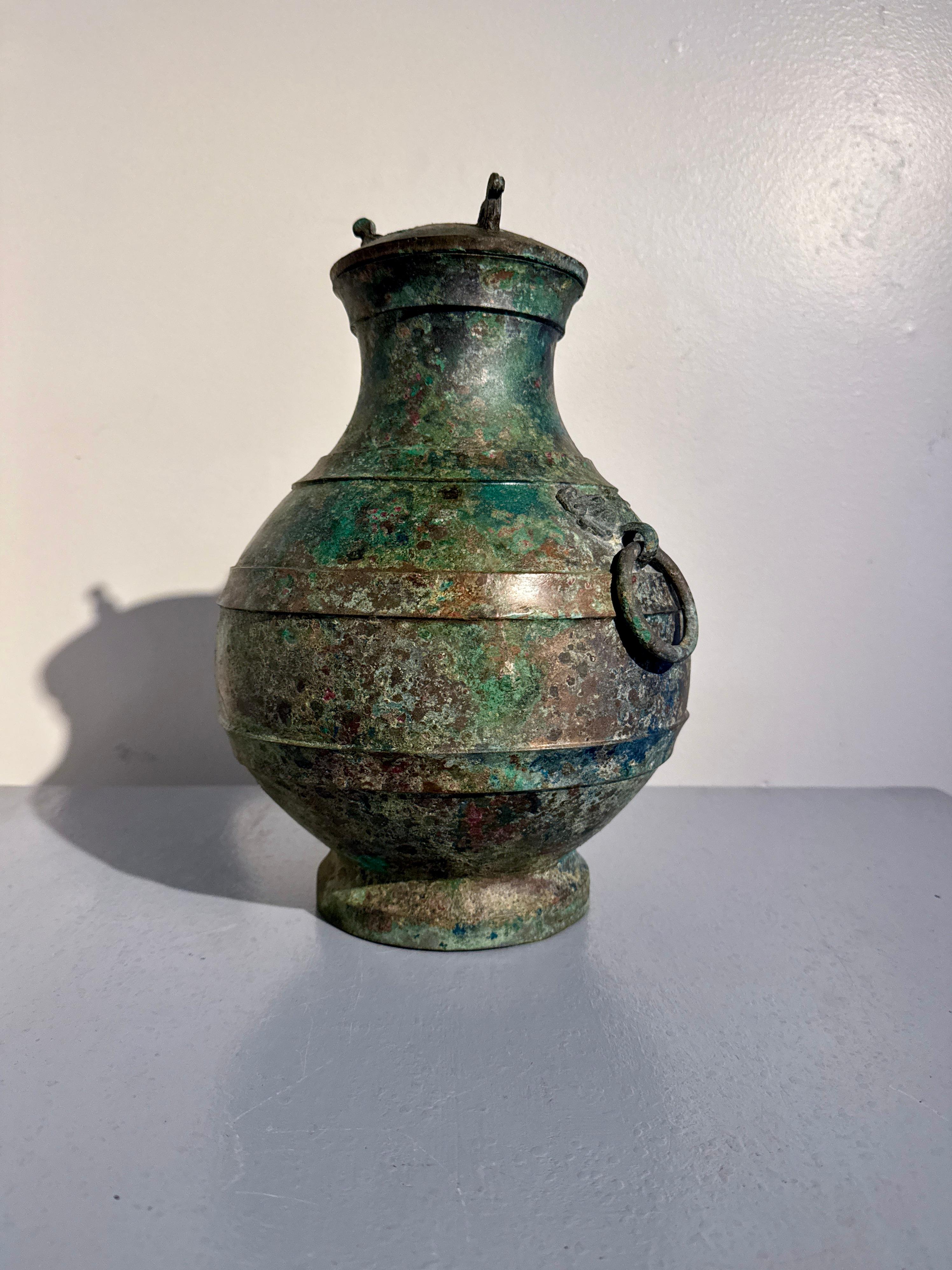 18th Century and Earlier Chinese Archaic Bronze Hu and Cover, Han Dynasty (206 BC - 220 AD), China For Sale