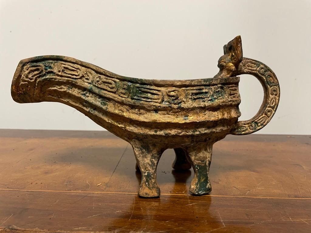 Archaistic Chinese Archaic Style Gilt Bronze and Verdigris Vessel For Sale