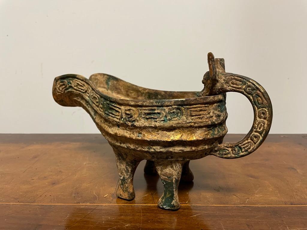 Cast Chinese Archaic Style Gilt Bronze and Verdigris Vessel For Sale