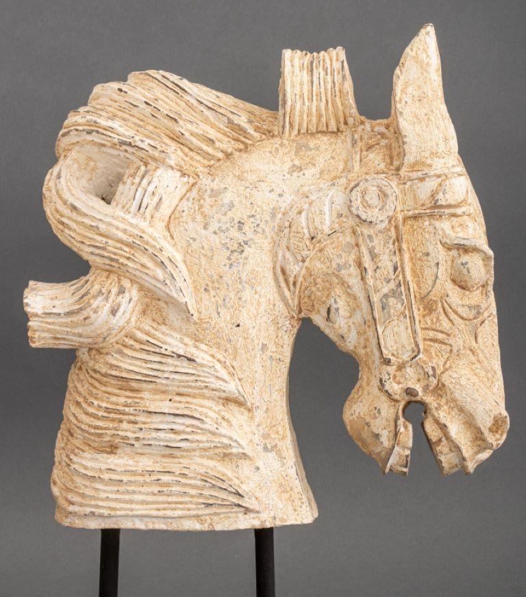 Chinese Export Chinese Archaic Style Wood Horse Busts, Pair