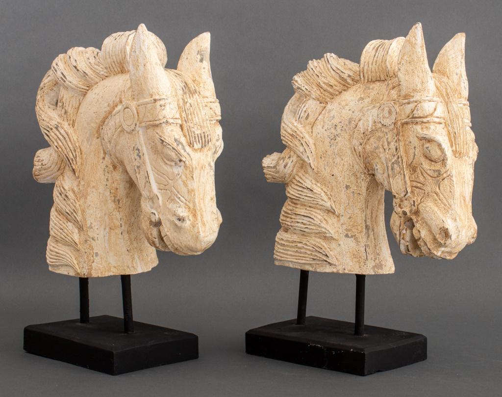 Chinese Archaic Style Wood Horse Busts, Pair 2