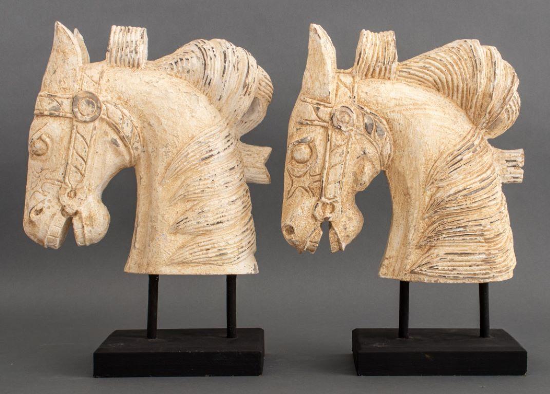 Chinese Archaic Style Wood Horse Busts, Pair 4