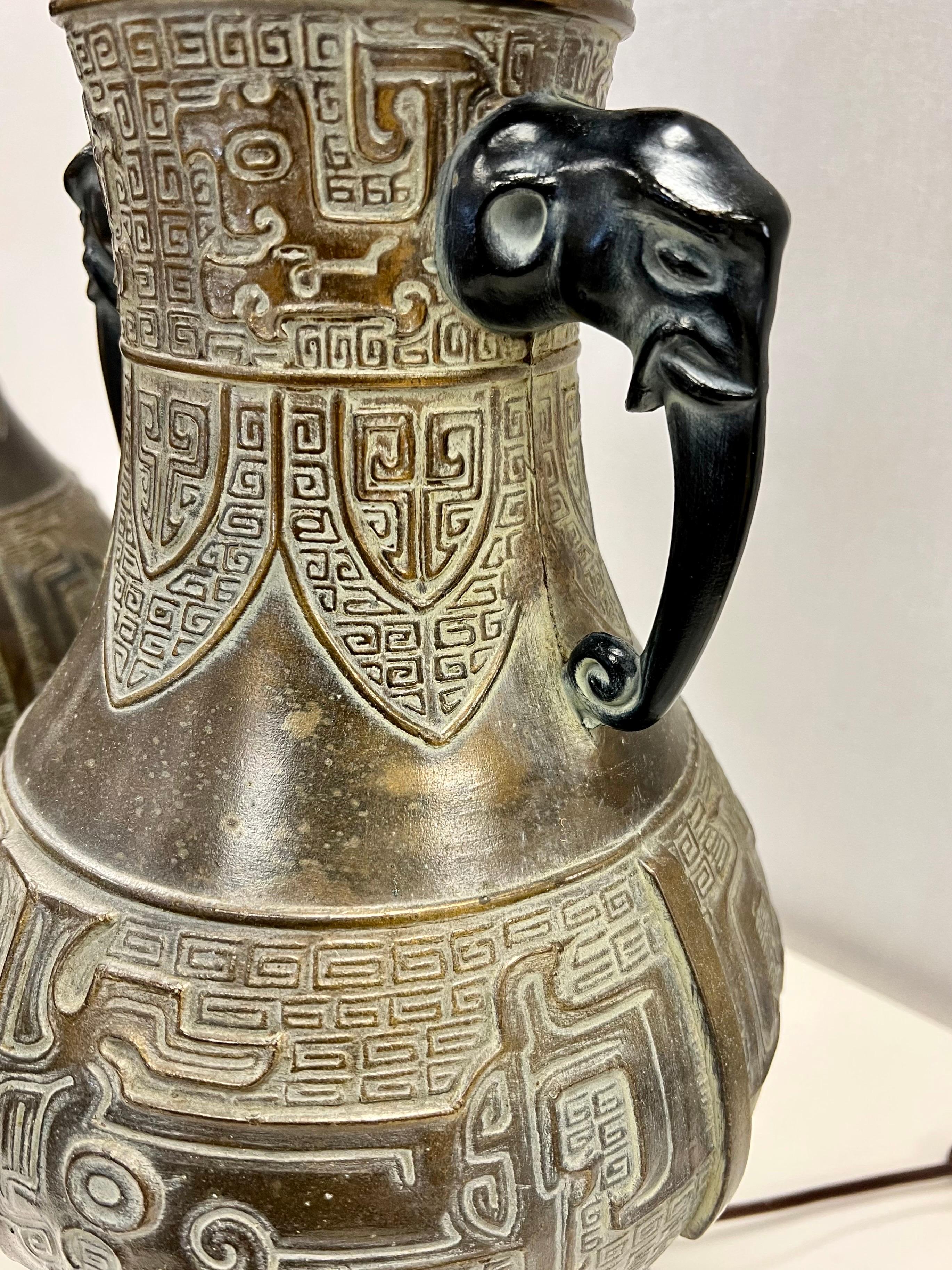Chinese Archaistic Brass Table Lamps With Elephant Handles In Good Condition For Sale In West Hartford, CT