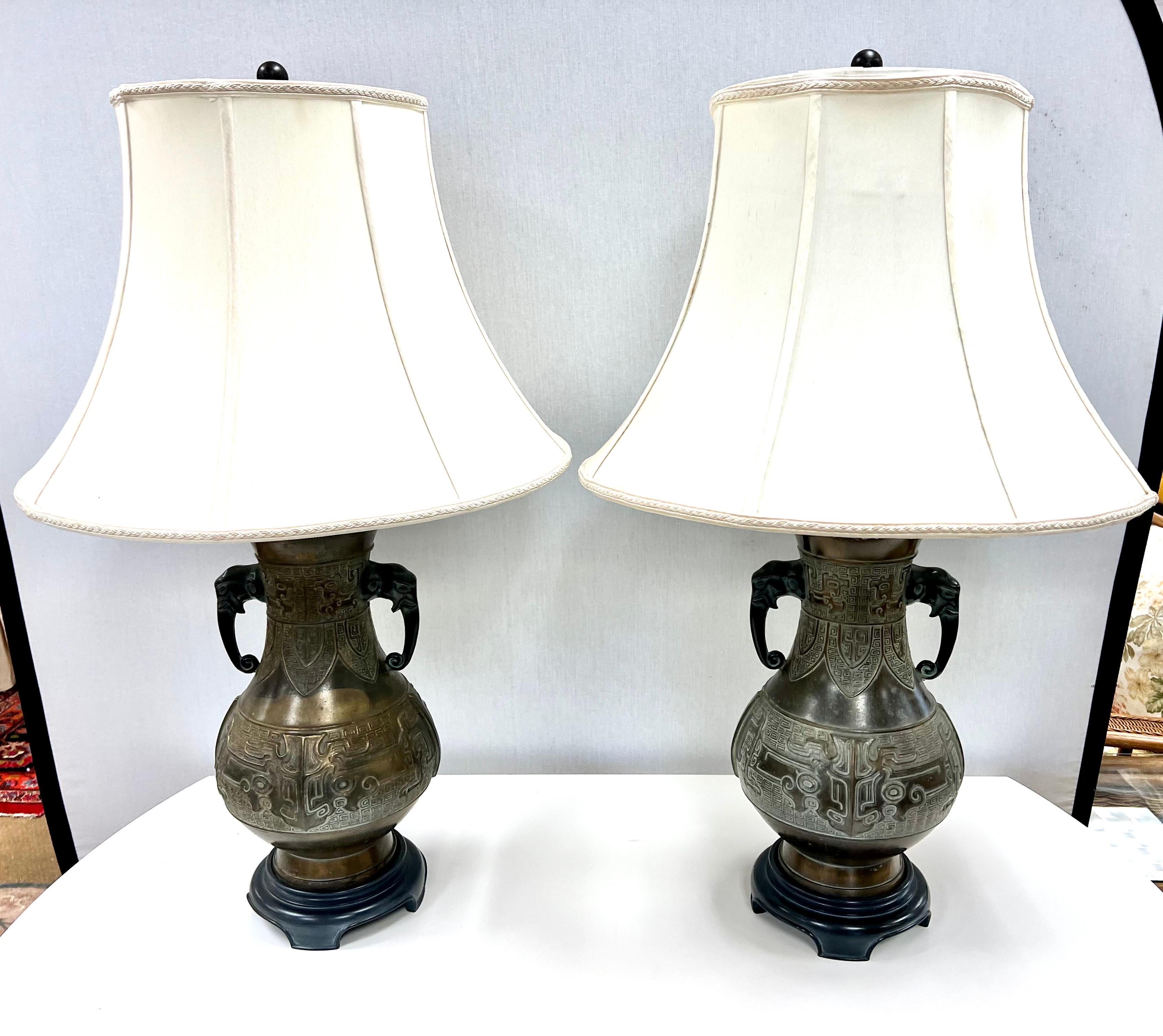 Chinese Archaistic Brass Table Lamps With Elephant Handles For Sale 1