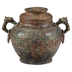 Chinese Archaistic Bronze Covered Vessel Hu