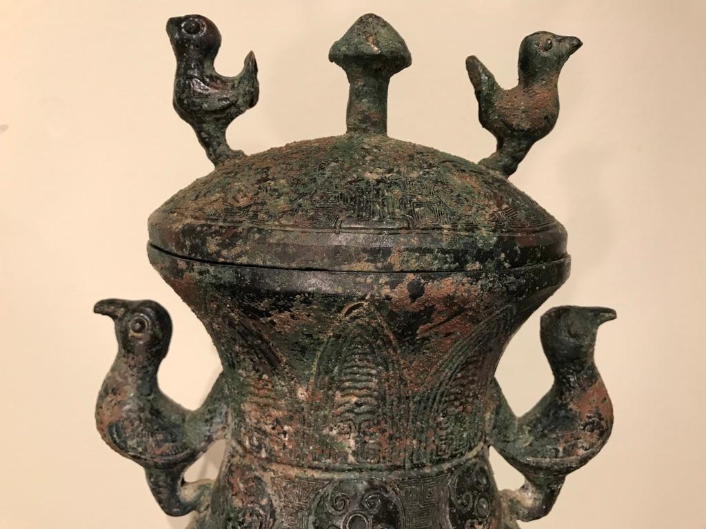 Chinese Archaistic Bronze Lidded Vessel with Bird Handles 7