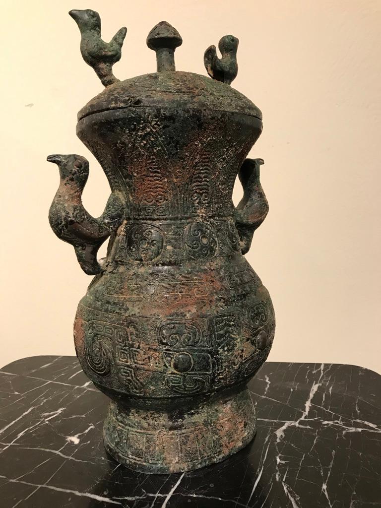 Chinese Archaistic Bronze Lidded Vessel with Bird Handles 9