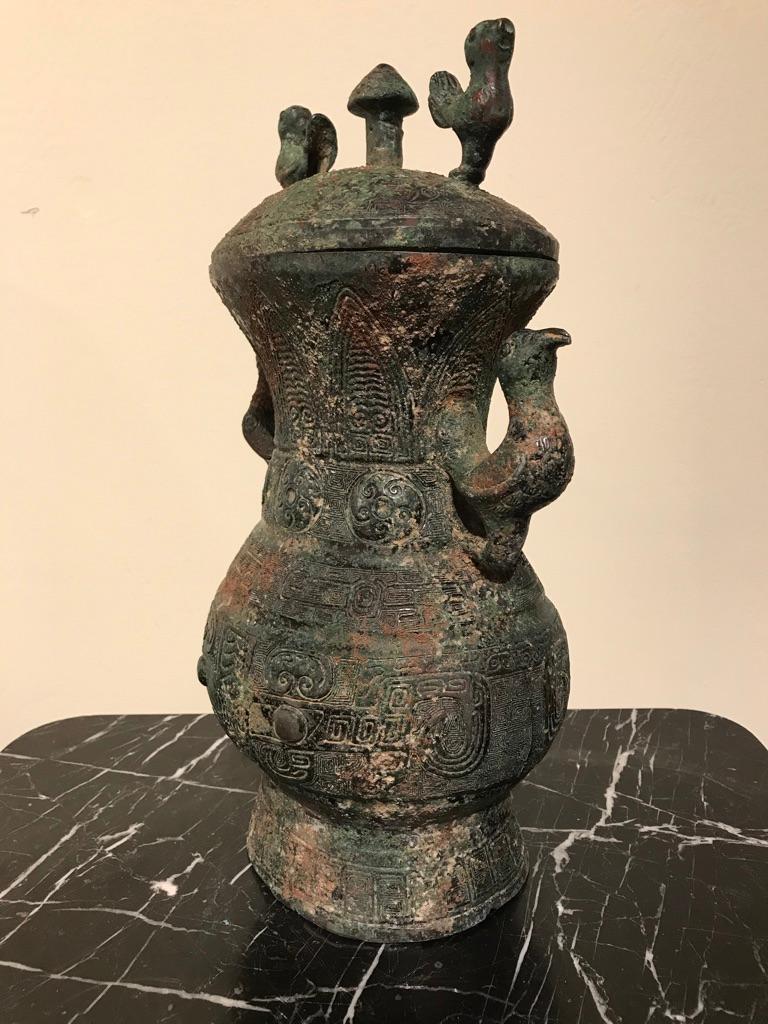 Chinese Archaistic Bronze Lidded Vessel with Bird Handles 10