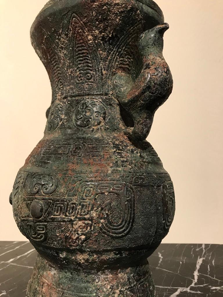 Chinese Archaistic Bronze Lidded Vessel with Bird Handles 12
