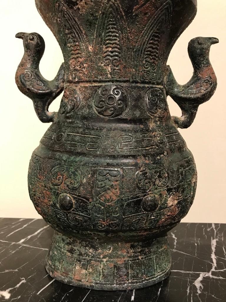 Cast Chinese Archaistic Bronze Lidded Vessel with Bird Handles