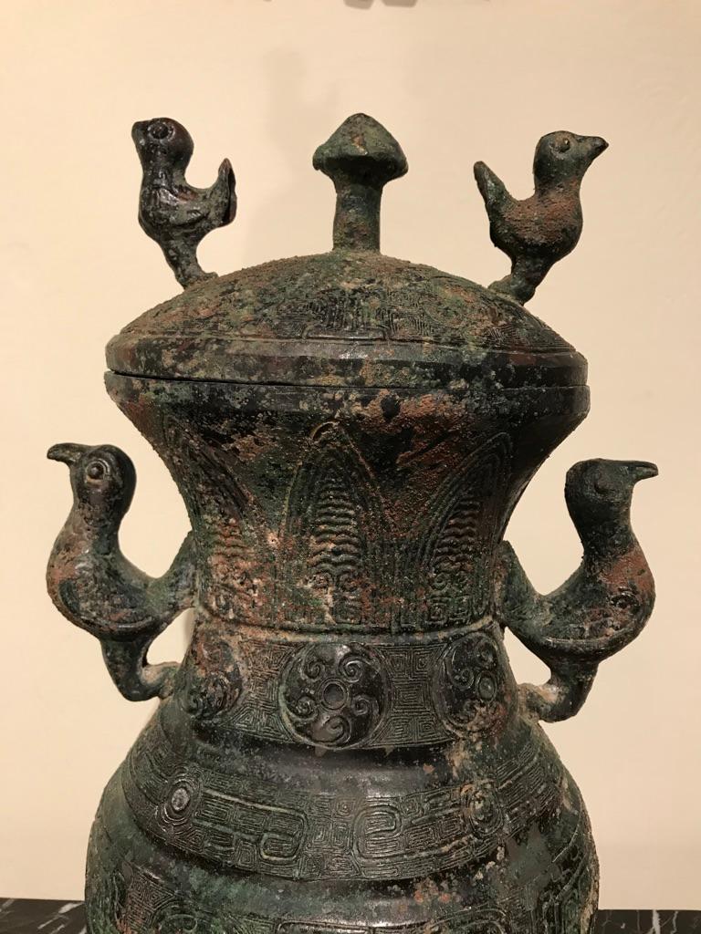 Chinese Archaistic Bronze Lidded Vessel with Bird Handles In Good Condition In Stamford, CT