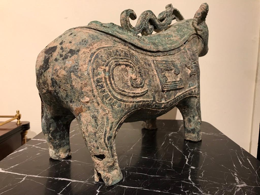 Chinese Archaistic Bronze Ritual Ram Form Wine Vessel Verdigis Patina For Sale 10