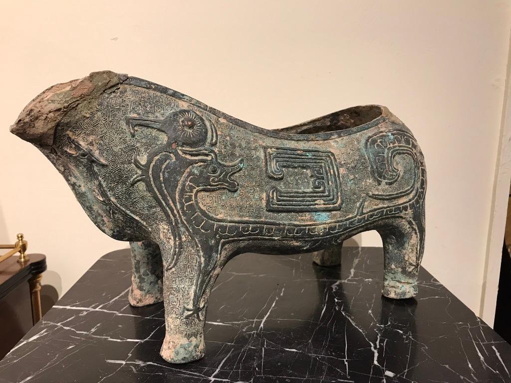 Chinese Archaistic Bronze Ritual Ram Form Wine Vessel Verdigis Patina For Sale 13