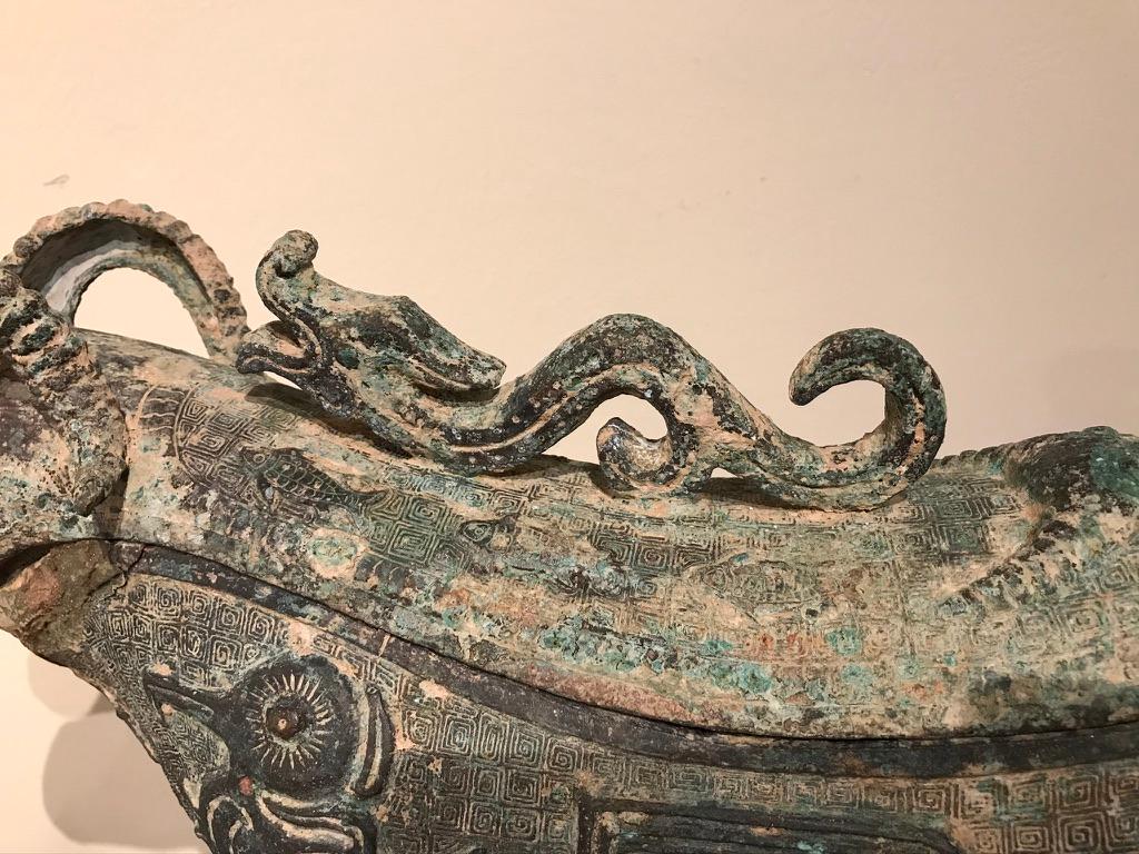 Chinese Archaistic Bronze Ritual Ram Form Wine Vessel Verdigis Patina For Sale 2