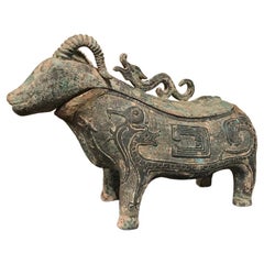 Chinese Archaistic Bronze Ritual Ram Form Wine Vessel Verdigis Patina