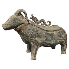 Antique Chinese Archaistic Bronze Ritual Ram Form Wine Vessel Verdigis Patina