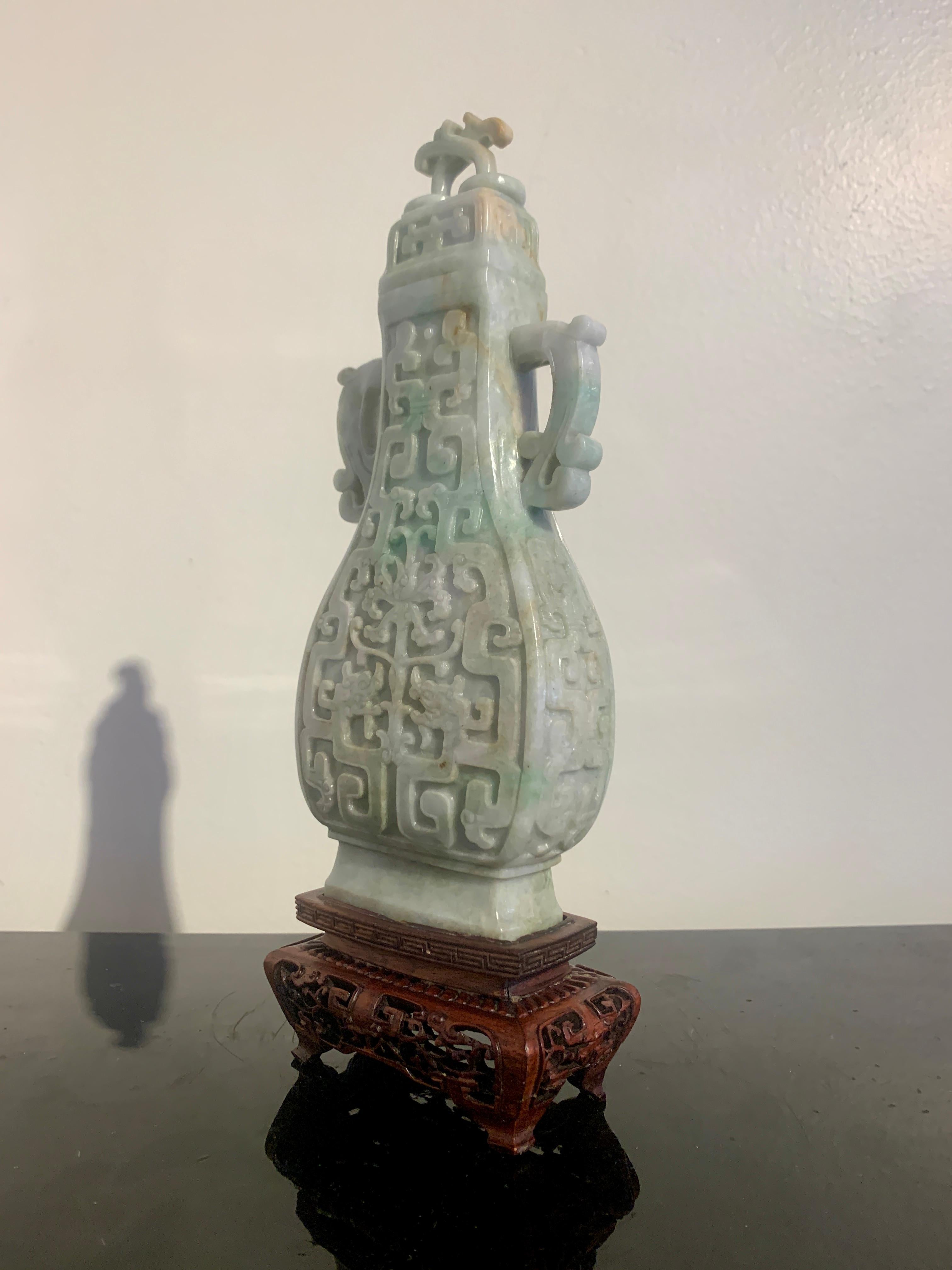 Hand-Carved Chinese Archaistic Carved Jadeite Vase, Republic Period, China