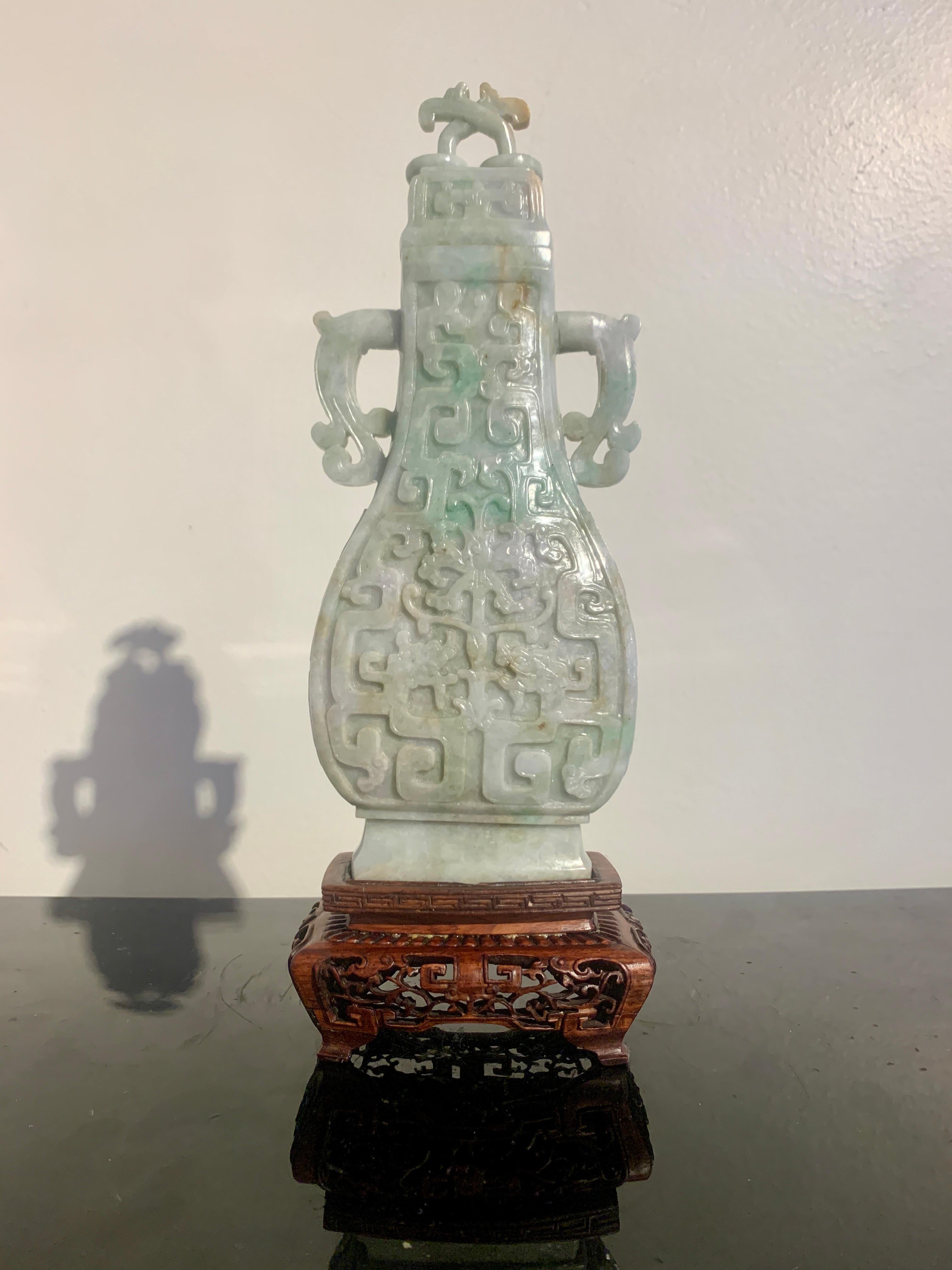 Chinese Archaistic Carved Jadeite Vase, Republic Period, China In Good Condition In Austin, TX