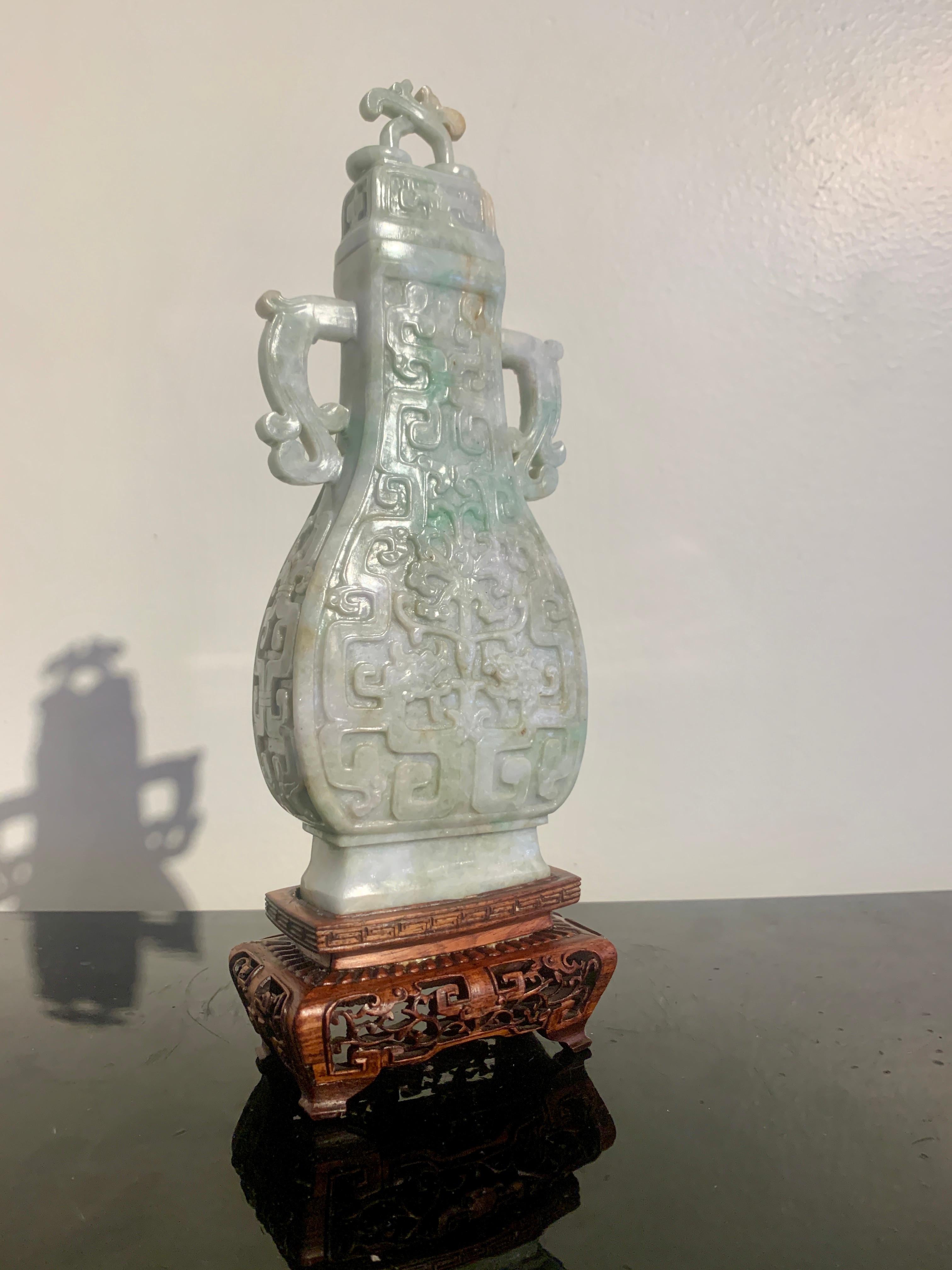 20th Century Chinese Archaistic Carved Jadeite Vase, Republic Period, China