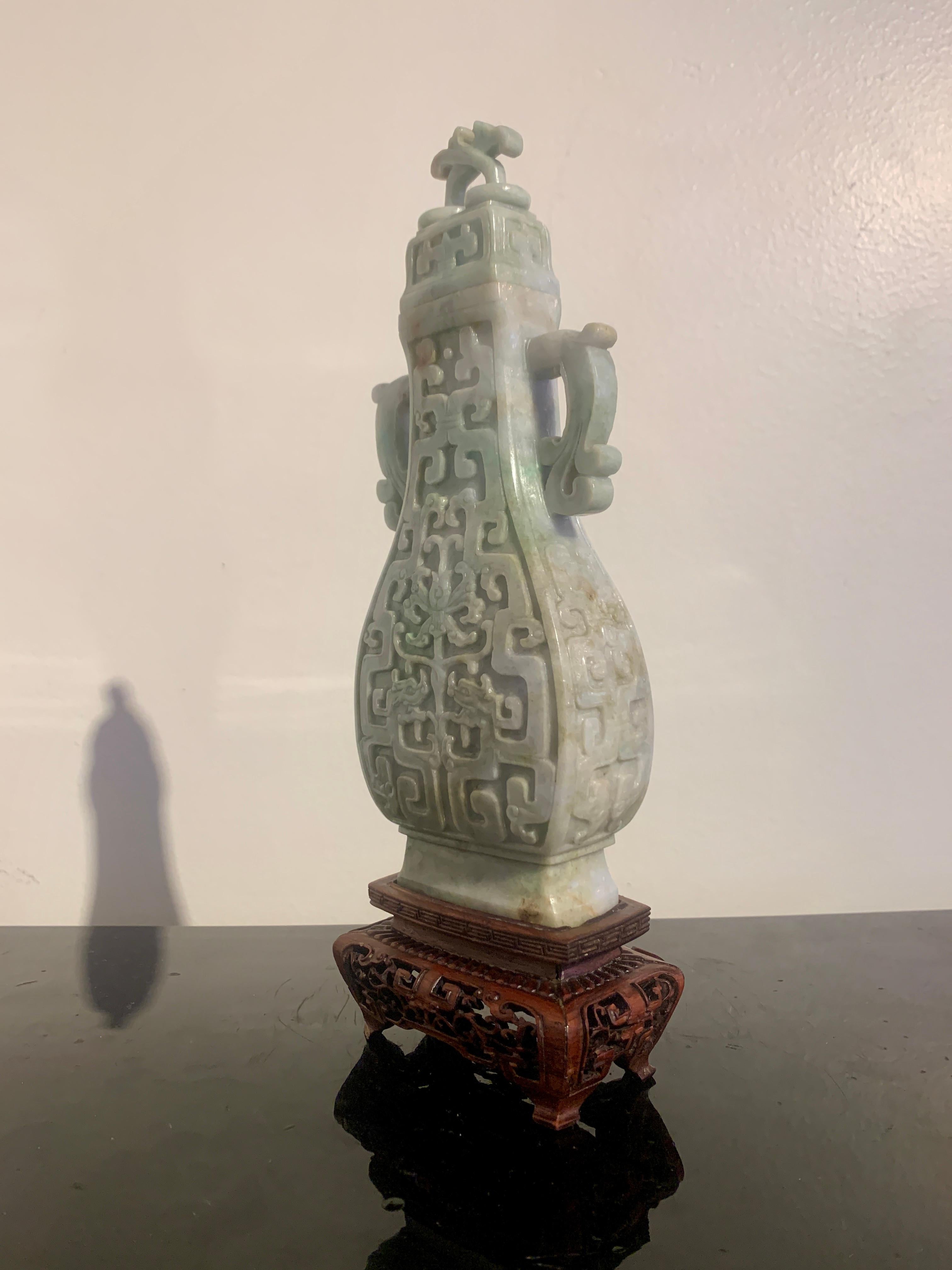 Chinese Archaistic Carved Jadeite Vase, Republic Period, China 1