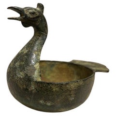 Chinese Archaistic Duck Form Dish With Incised Decoration Verdigis Patina