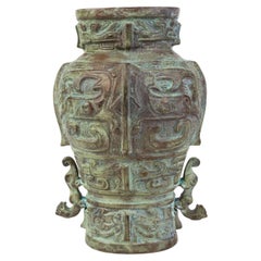 Antique Chinese Archaistic Gilded Bronze Vase 