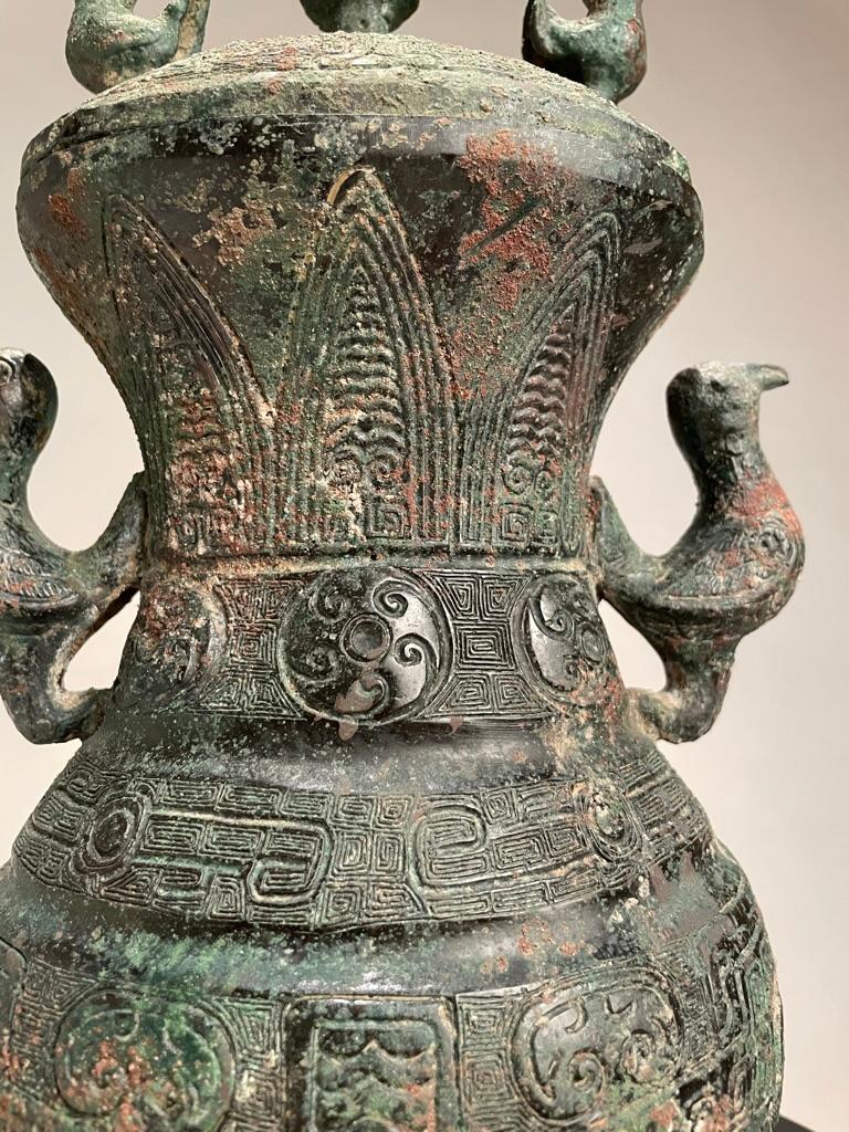 Chinese Archaistic Warring States Style Bronze Lidded Vessel with Bird Handles For Sale 7