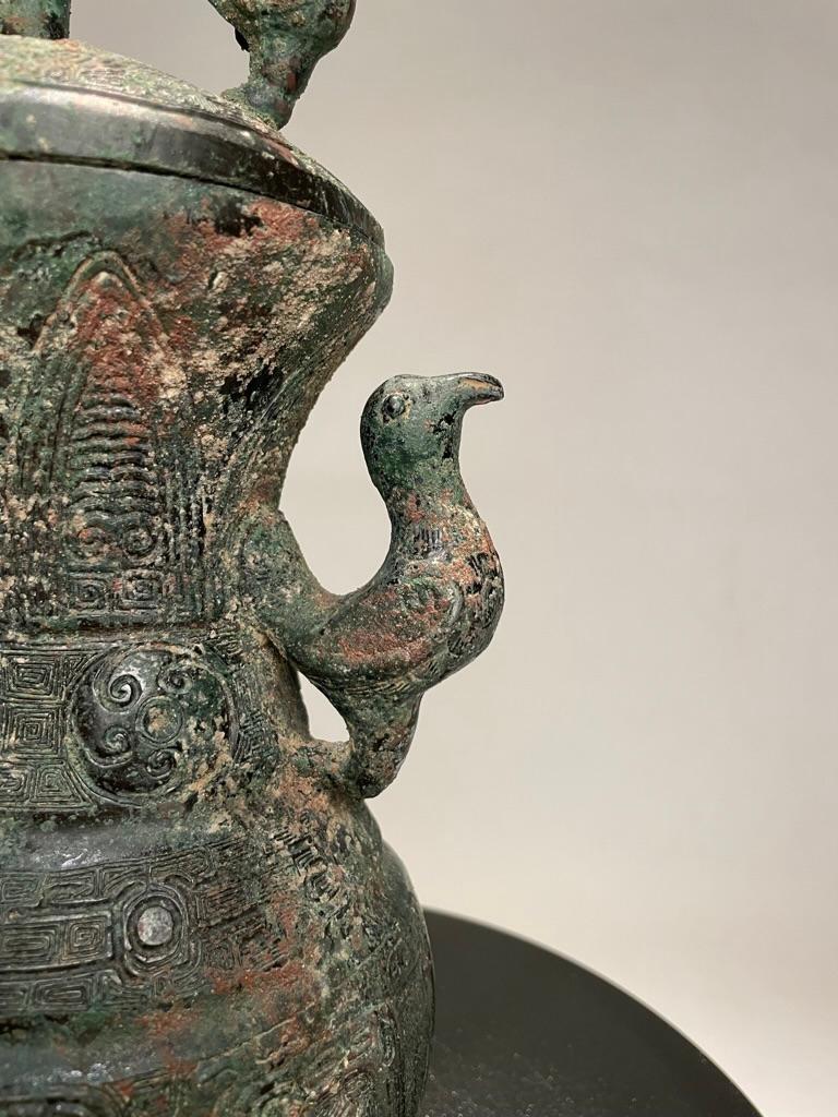Chinese Archaistic Warring States Style Bronze Lidded Vessel with Bird Handles For Sale 9