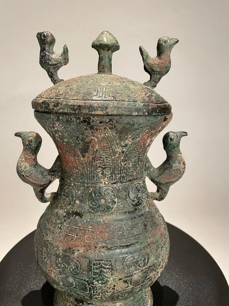 Patinated Chinese Archaistic Warring States Style Bronze Lidded Vessel with Bird Handles For Sale