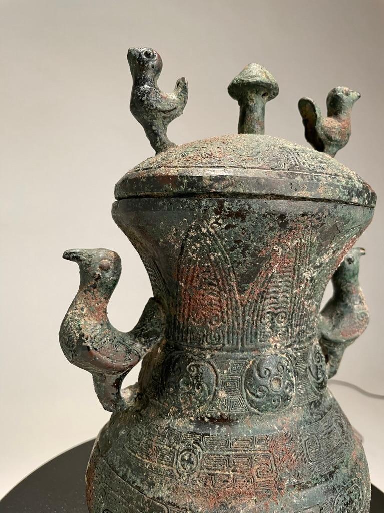 20th Century Chinese Archaistic Warring States Style Bronze Lidded Vessel with Bird Handles For Sale