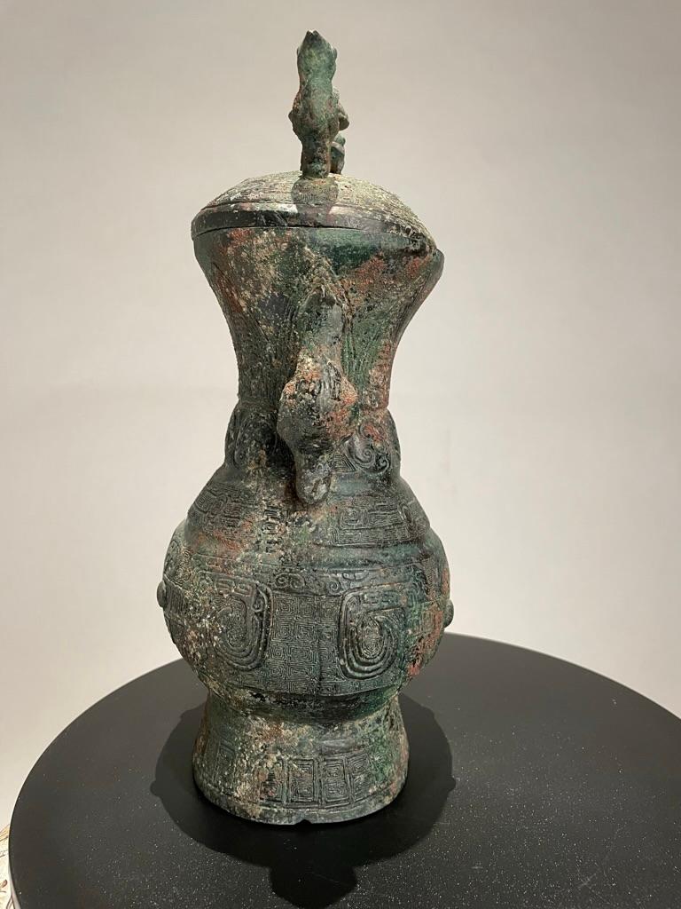 Chinese Archaistic Warring States Style Bronze Lidded Vessel with Bird Handles For Sale 4