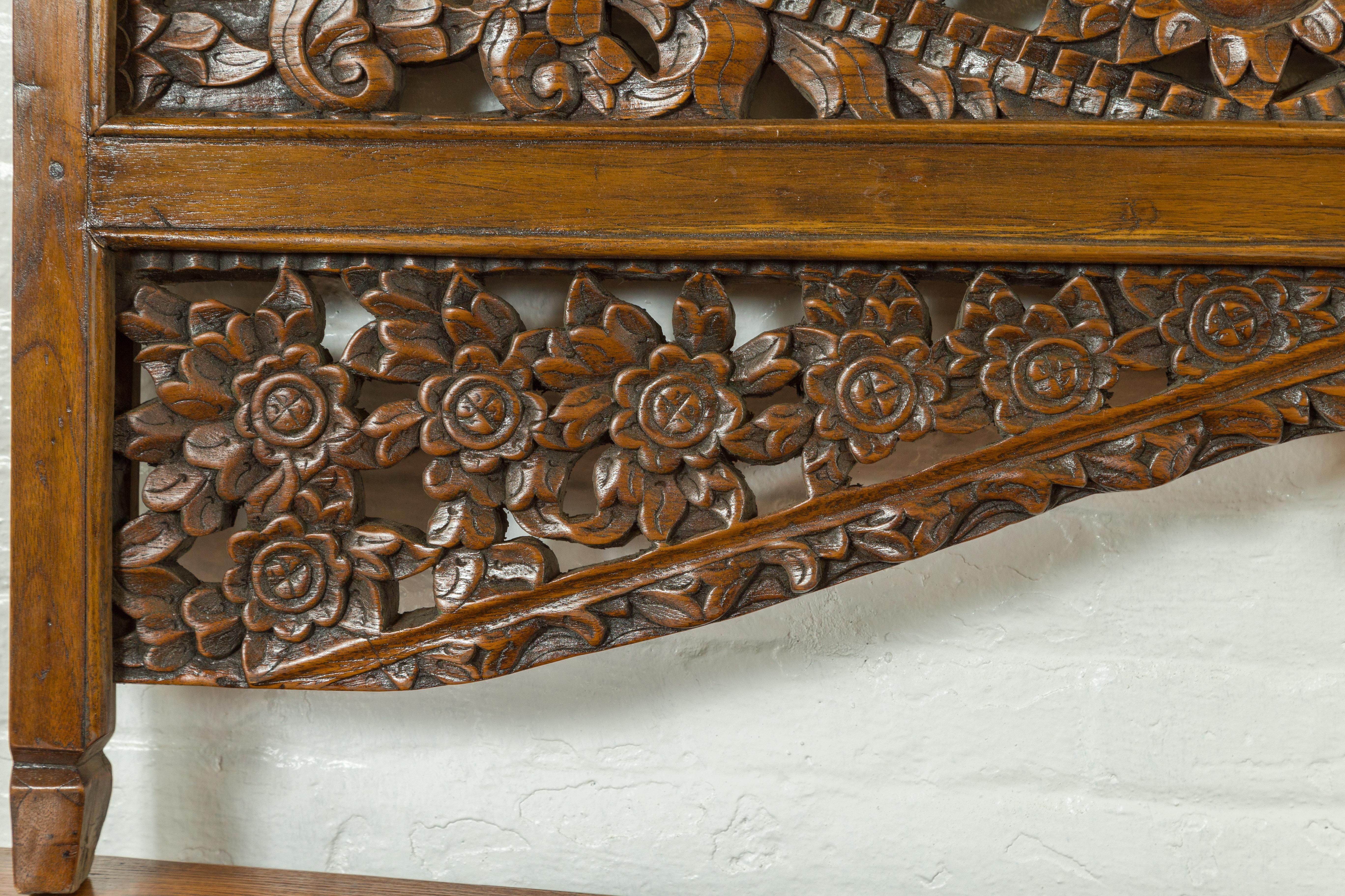 19th Century Chinese Architectural Wooden Temple Panel with Detailed Floral Carvings For Sale