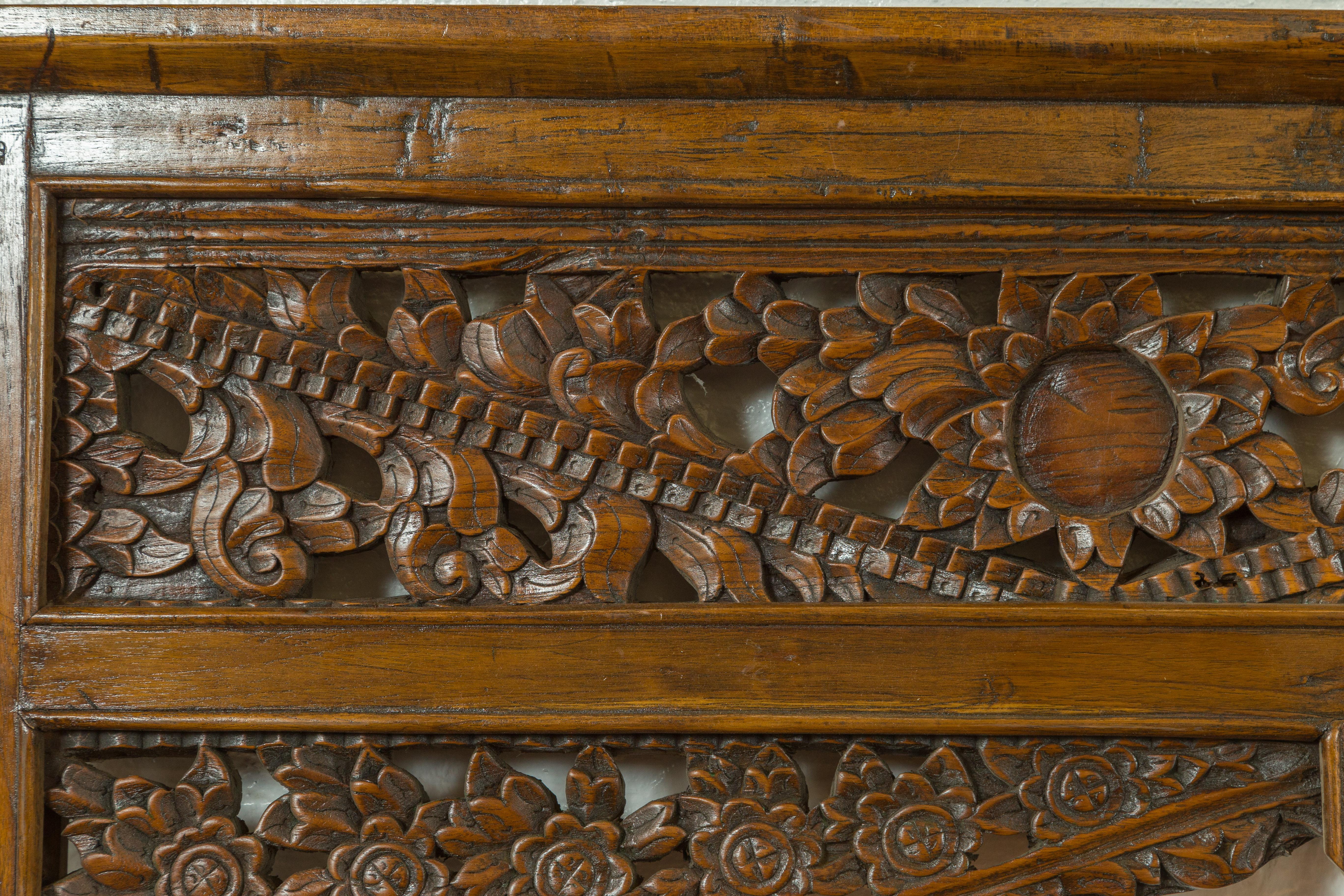 19th Century Qing Dynasty Architectural Wooden Temple Panel with Detailed Floral Carvings For Sale